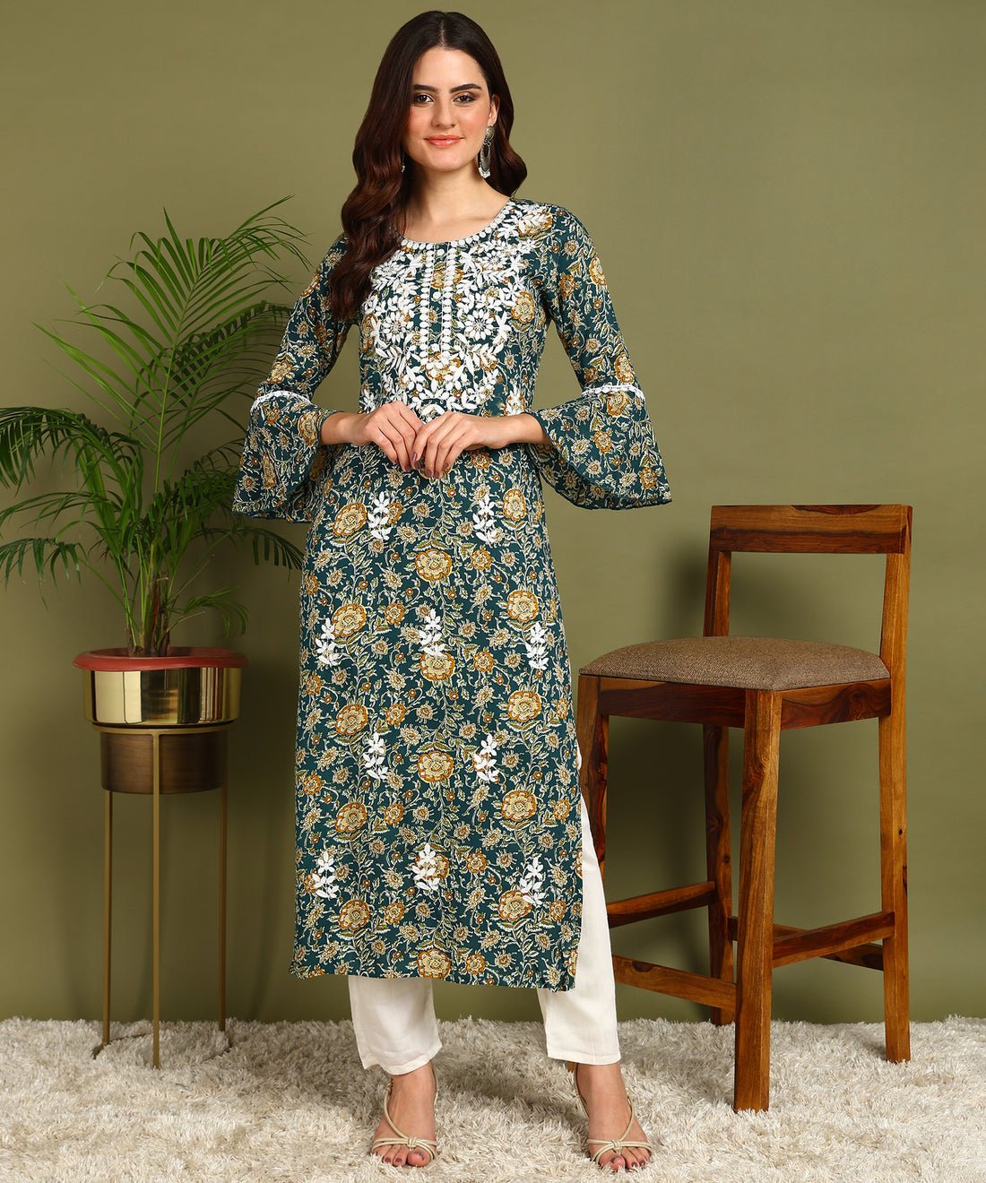 Women Chikan Embroidered Printed Kurta PK-107 Blue 1