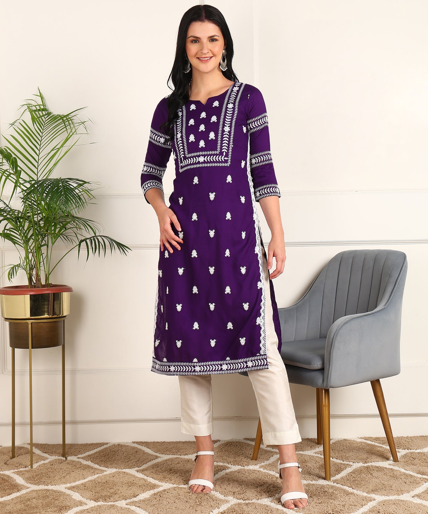 Floral Embroidered Rayon Violet Kurta