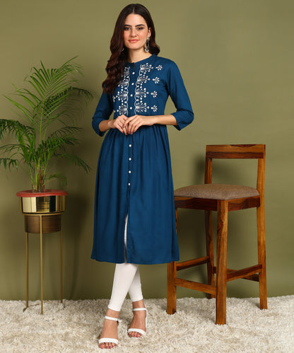 Floral Embroidery Rayon Petrol Blue Kurta