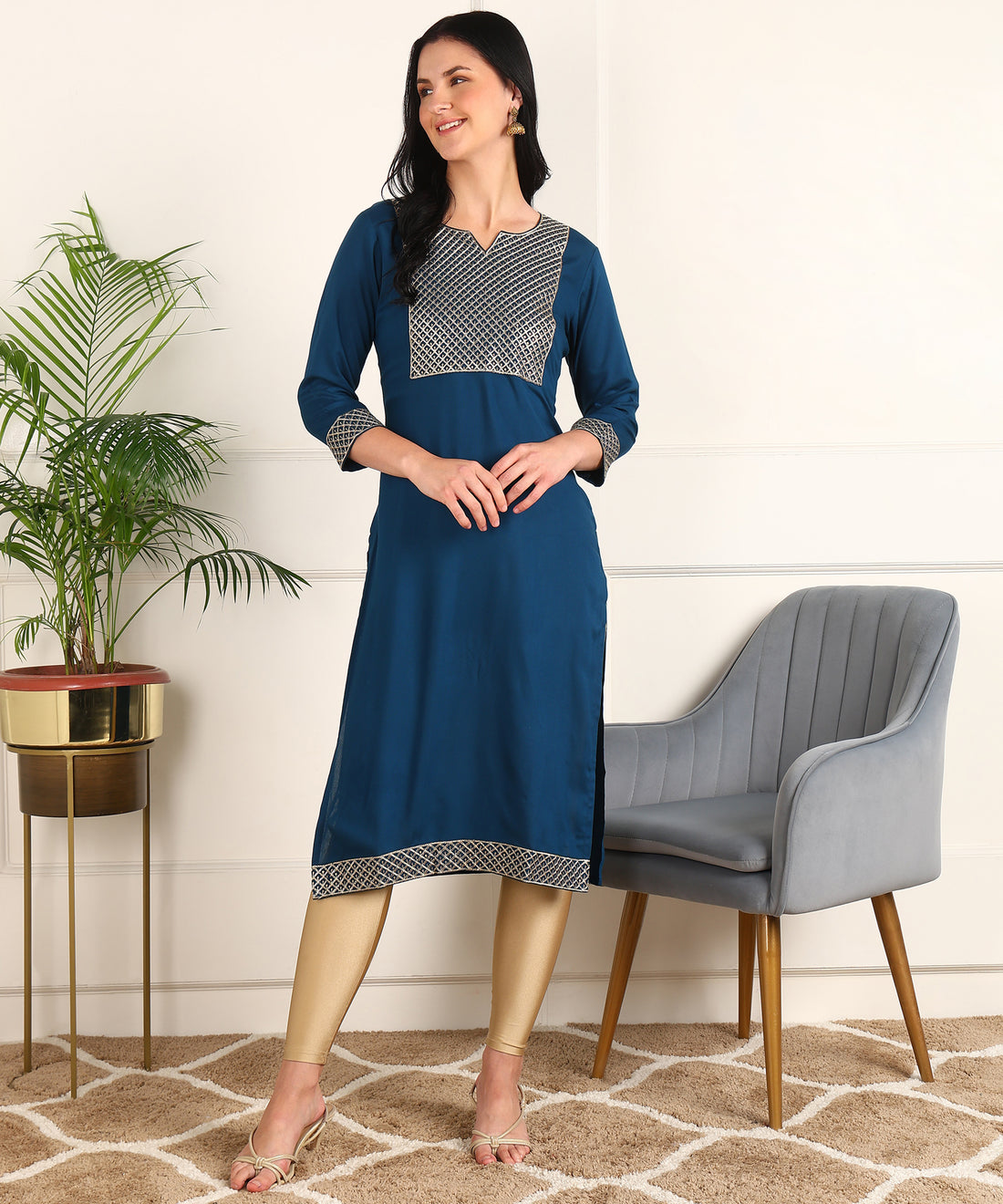 Women Zari Embroidered Kurta Zpatch Petrol Blue 1 