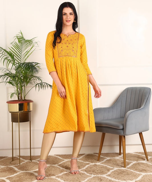 Dot Print Embroidered Rayon Mustard Kurta