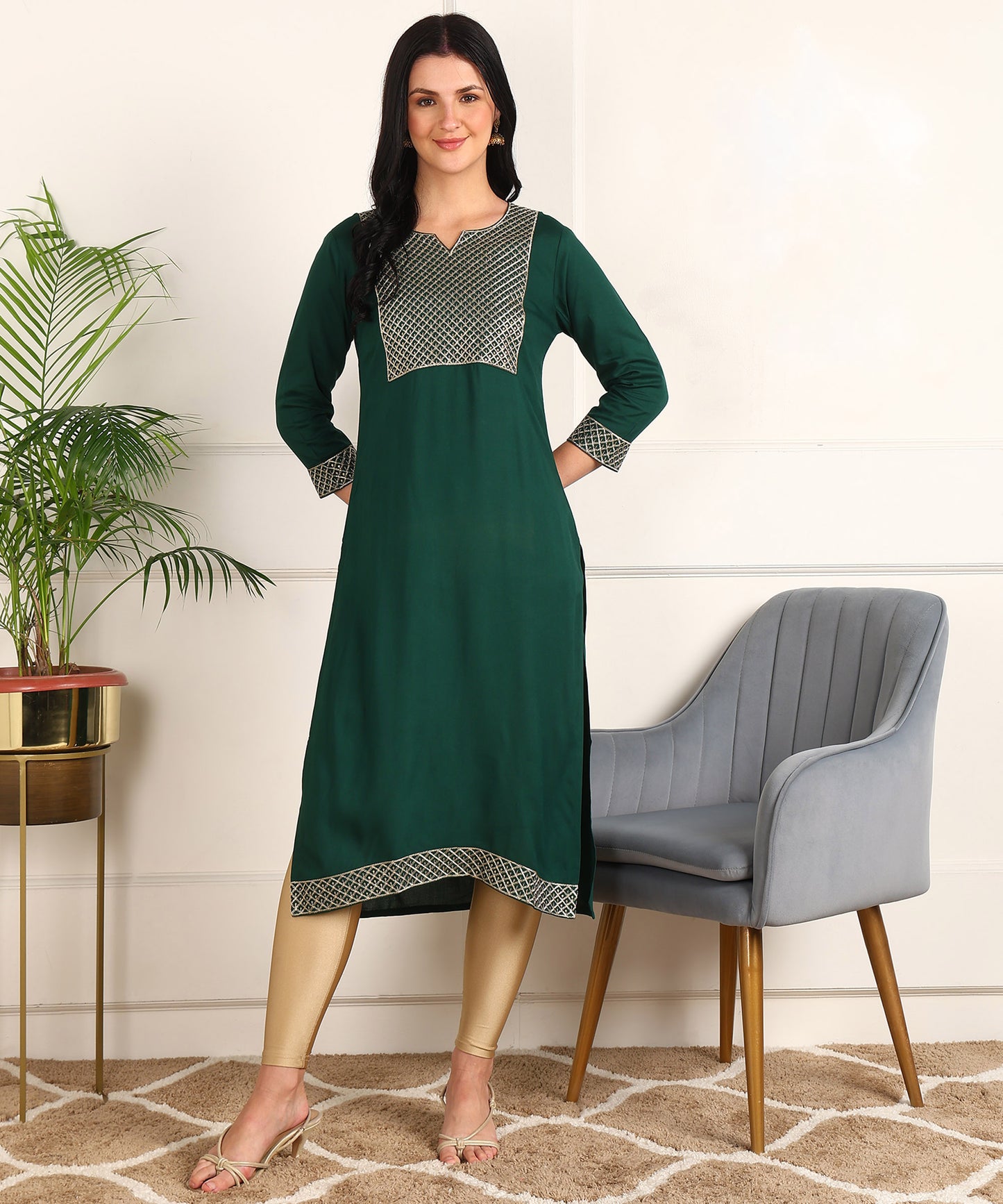 Zari Embroidered Rayon Dark Green Kurta