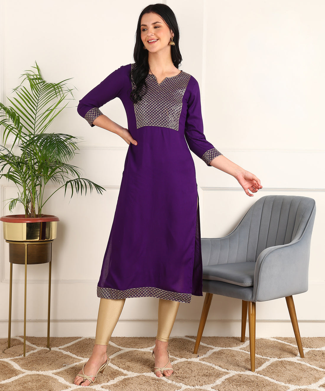 Women Zari Embroidered Kurta Zpatch Violet 1 