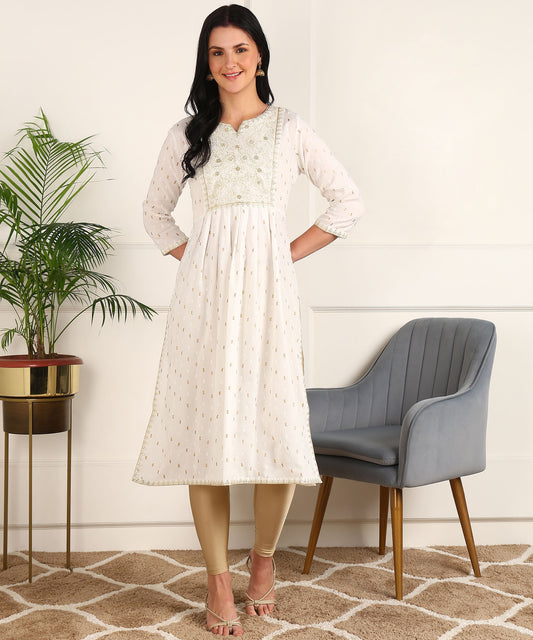 Dot Print Embroidered Rayon White Kurta