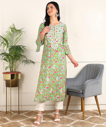 Floral Print Chikan Emboridered Rayon Green Kurta