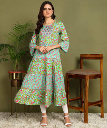 Women Embroidred and printed Kurta PK-129 Olive 1