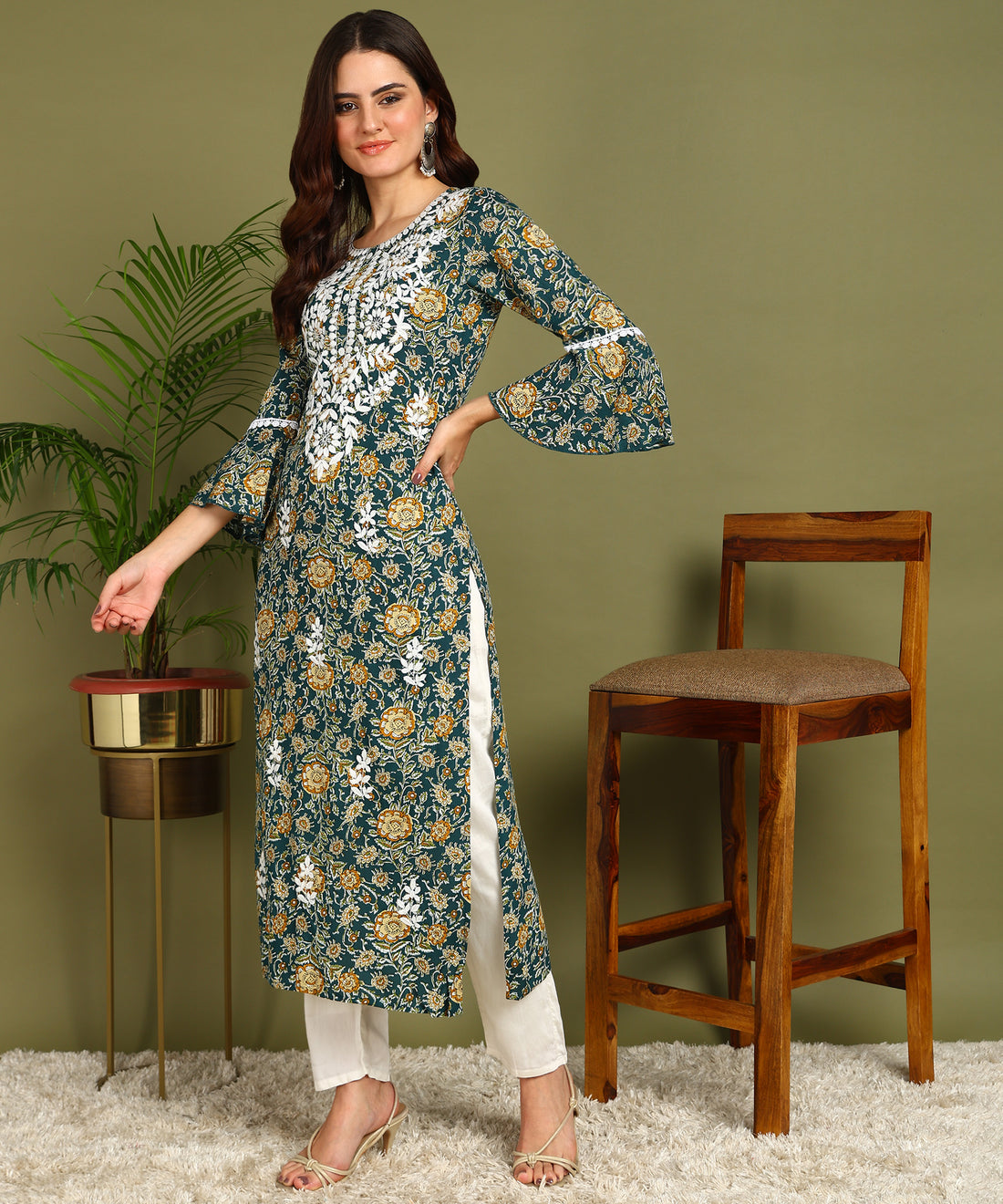 Women Chikan Embroidered Printed Kurta PK-107 Blue 1