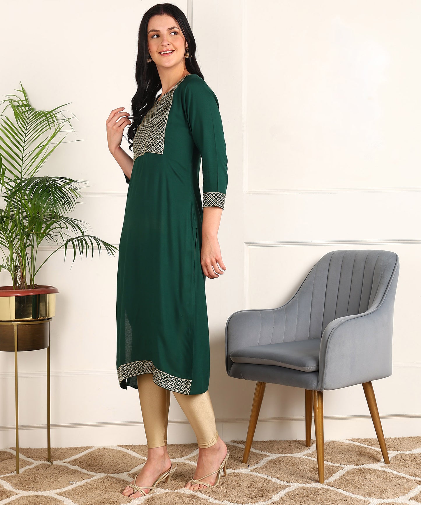 Zari Embroidered Rayon Dark Green Kurta