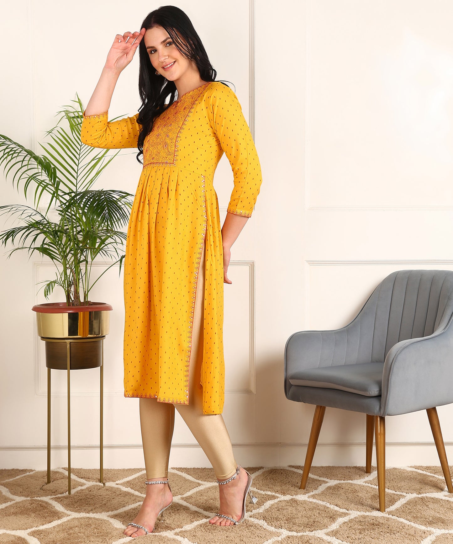 Dot Print Embroidered Rayon Mustard Kurta