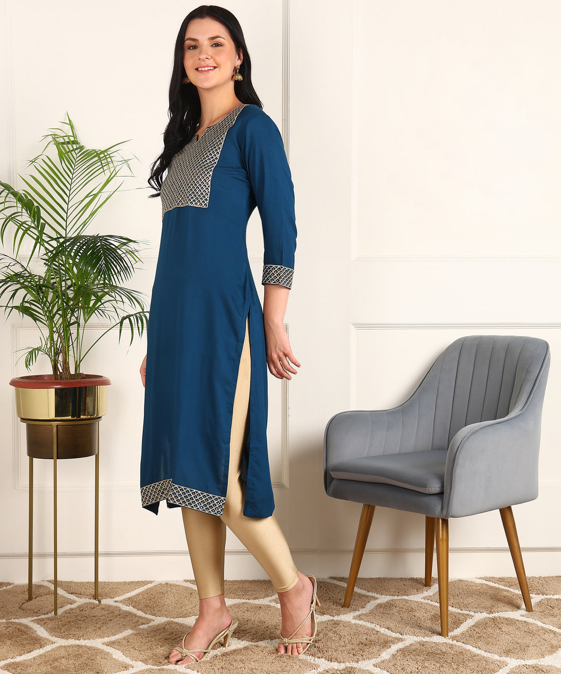 Women Zari Embroidered Kurta Zpatch Petrol Blue 1 