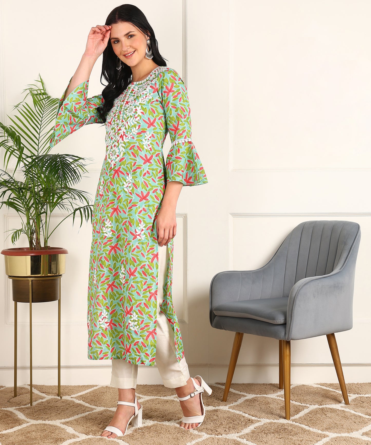 Floral Print Chikan Emboridered Rayon Green Kurta