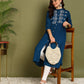 Floral Embroidery Rayon Petrol Blue Kurta