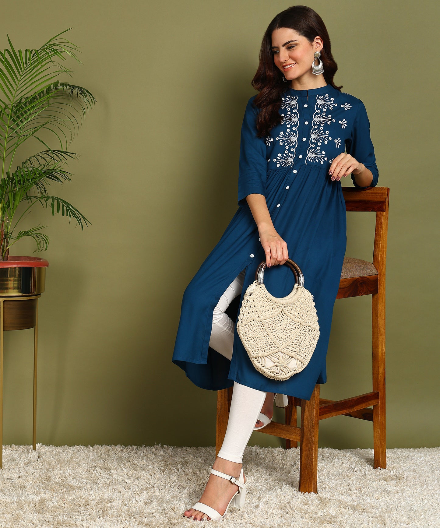 Floral Embroidery Rayon Petrol Blue Kurta