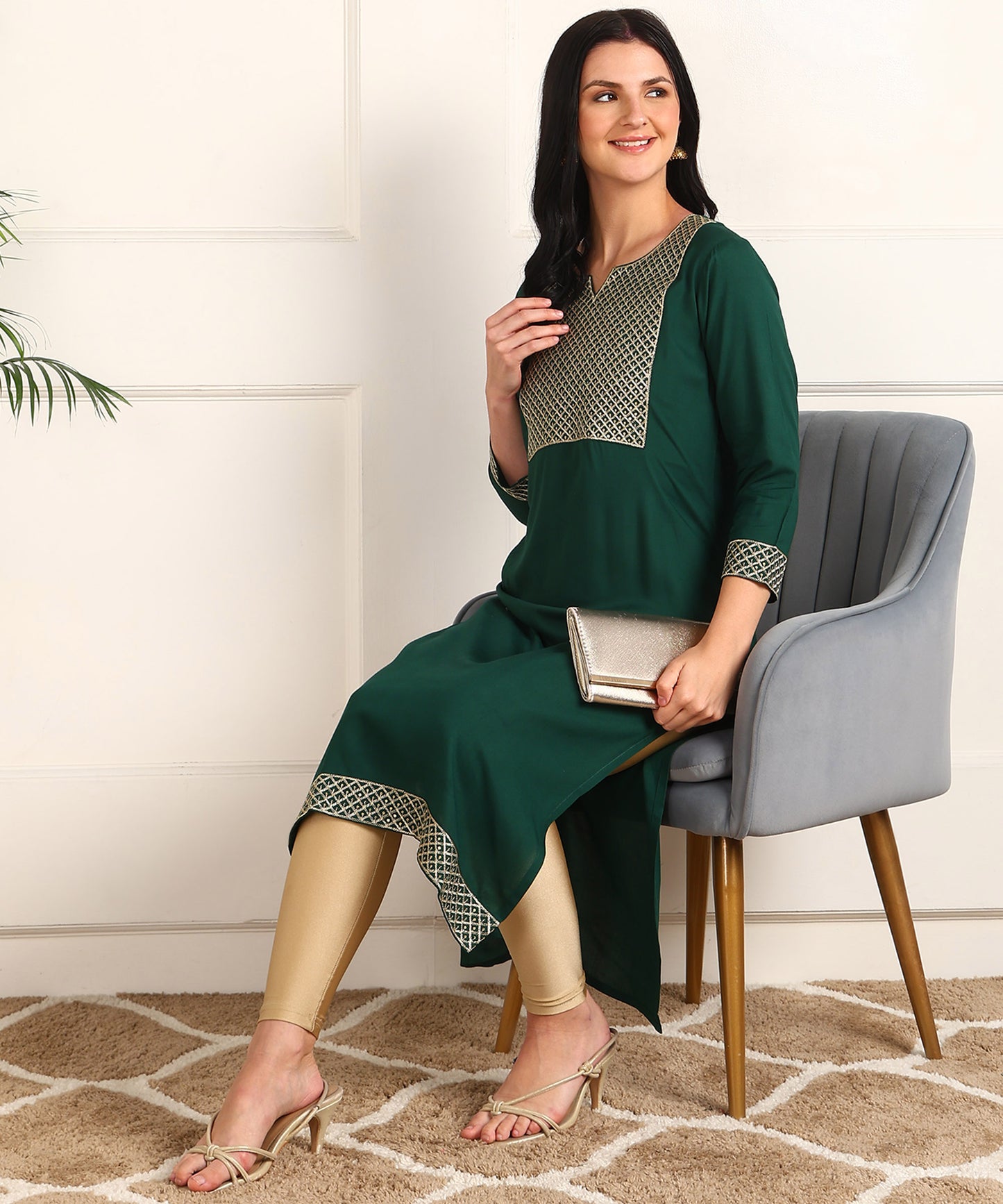 Zari Embroidered Rayon Dark Green Kurta