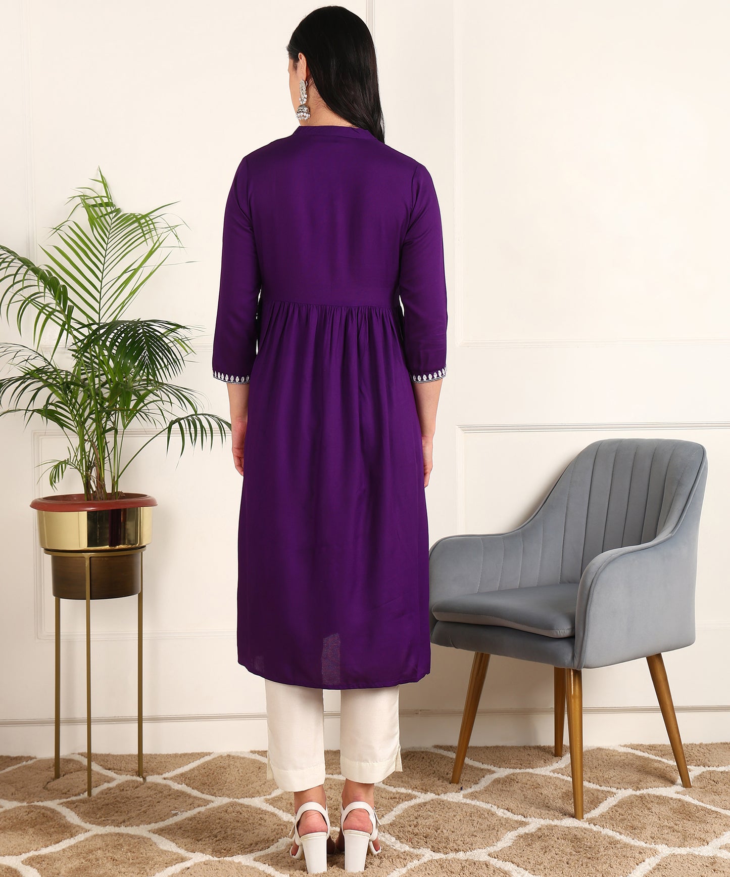 Floral Embroidery Rayon Violet Kurta