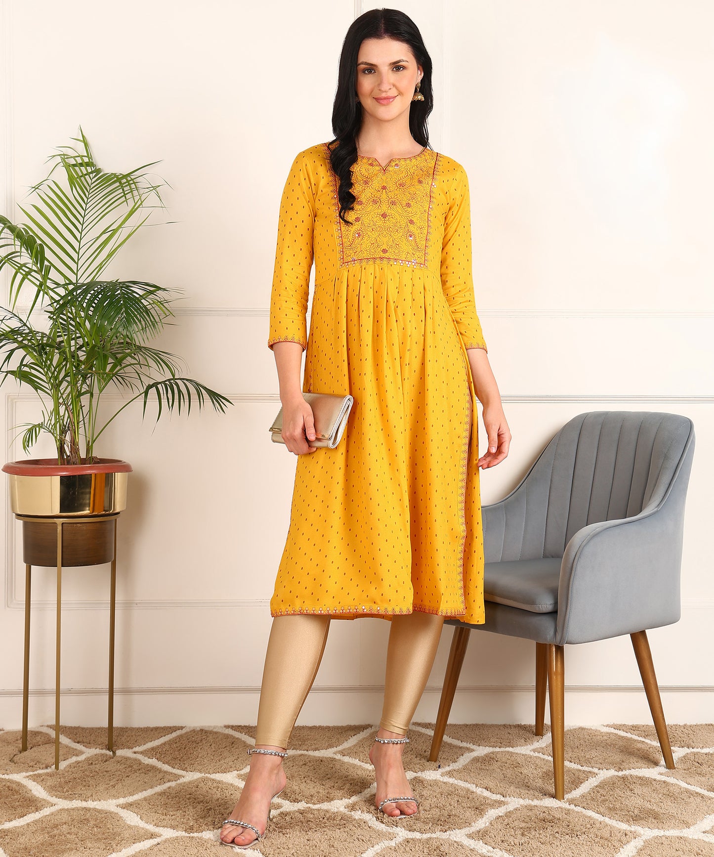 Dot Print Embroidered Rayon Mustard Kurta