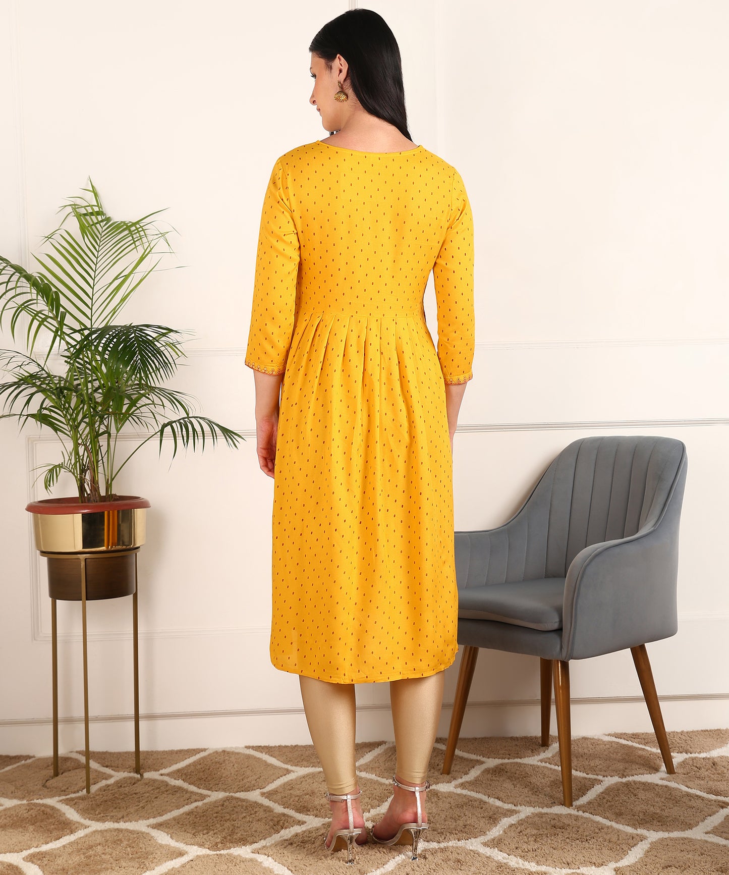 Dot Print Embroidered Rayon Mustard Kurta