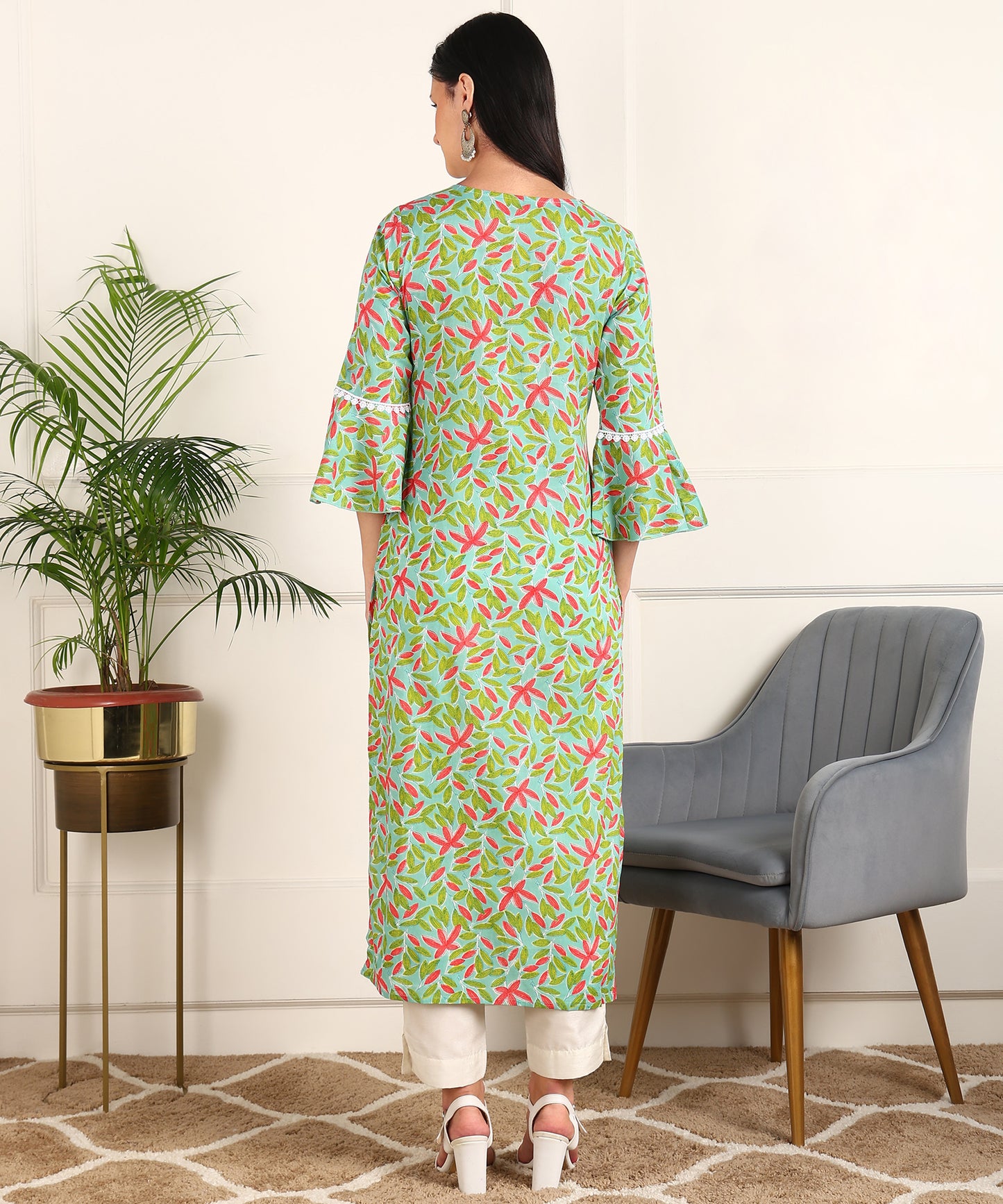 Floral Print Chikan Emboridered Rayon Green Kurta