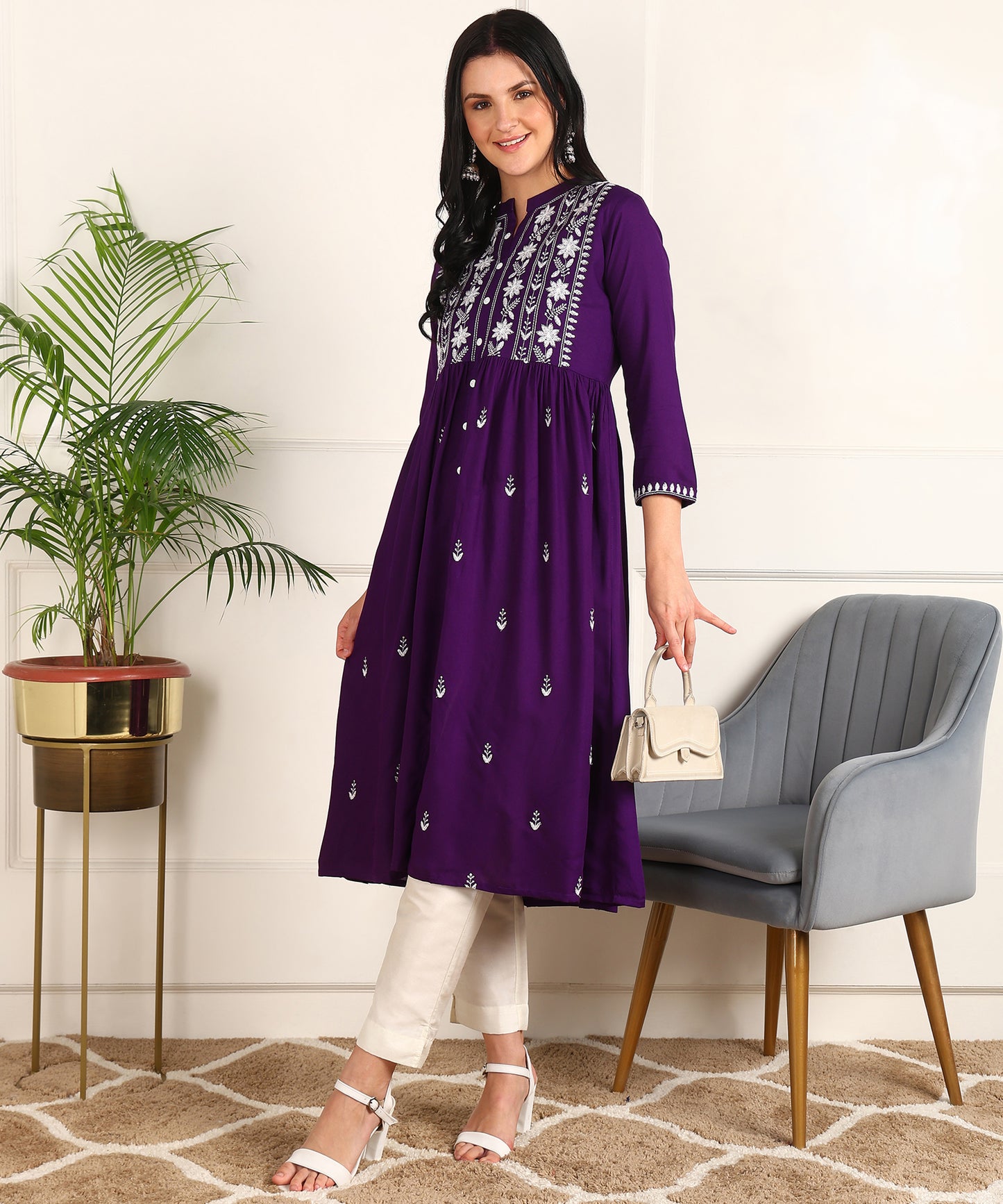 Floral Embroidery Rayon Violet Kurta