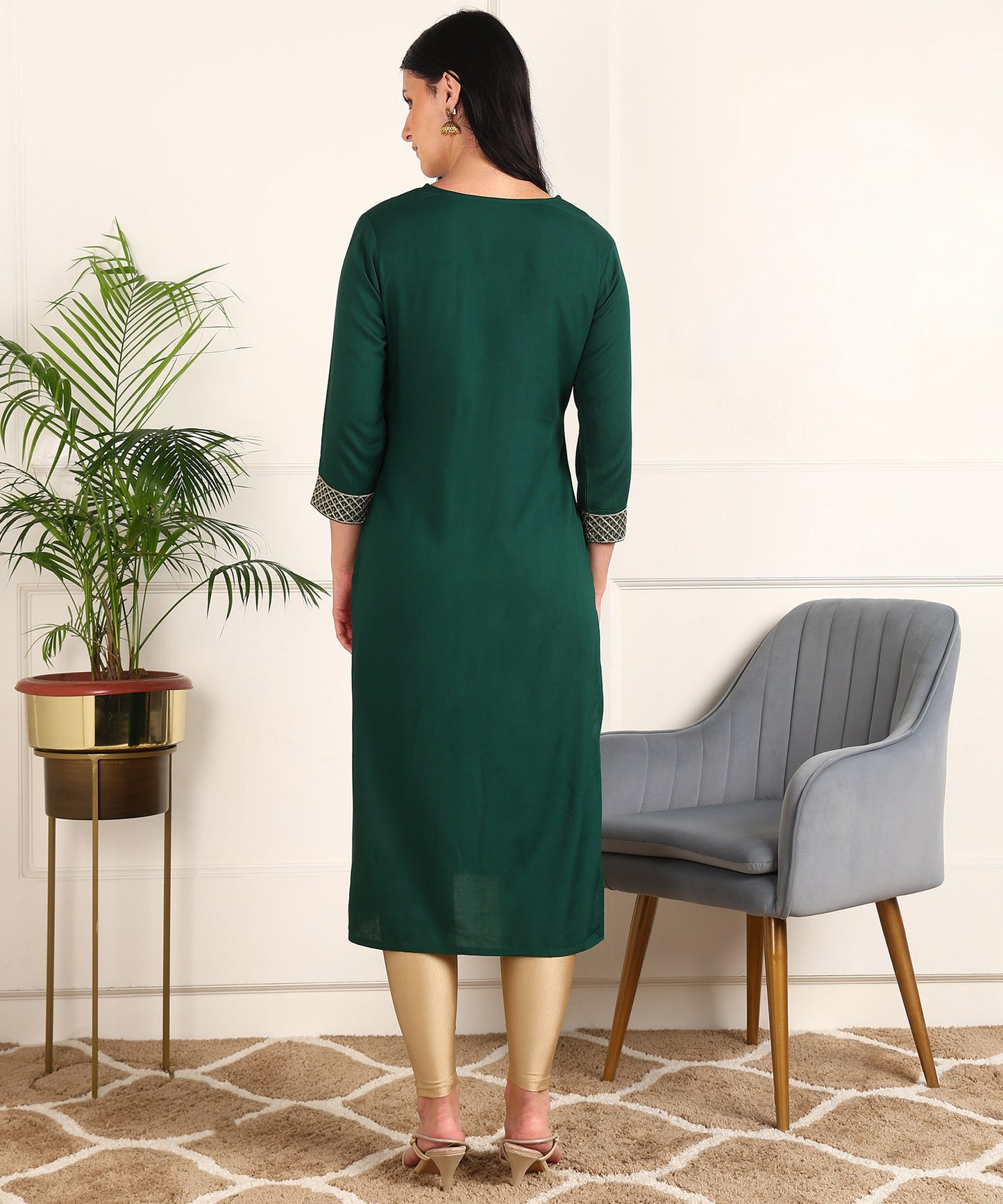 Zari Embroidered Rayon Dark Green Kurta