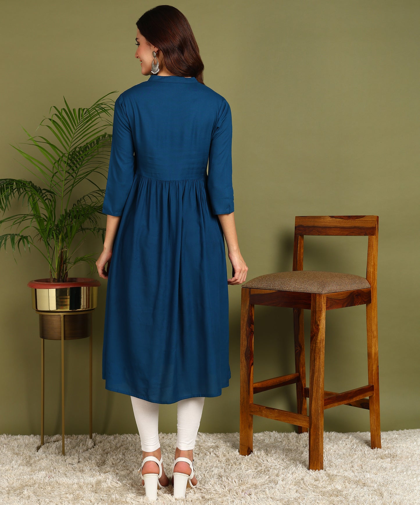 Floral Embroidery Rayon Petrol Blue Kurta