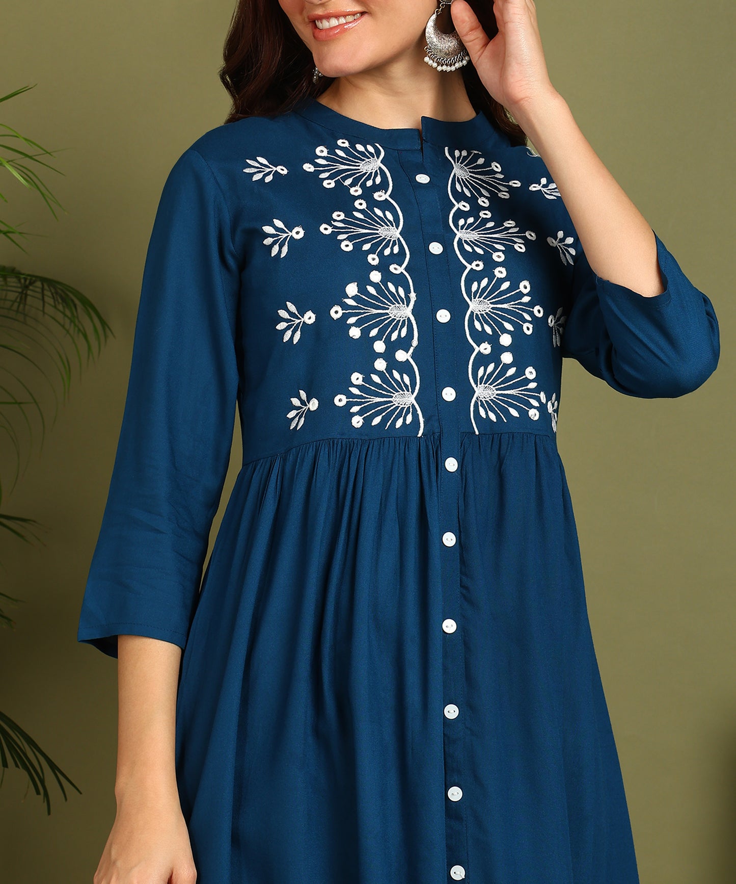 Floral Embroidery Rayon Petrol Blue Kurta