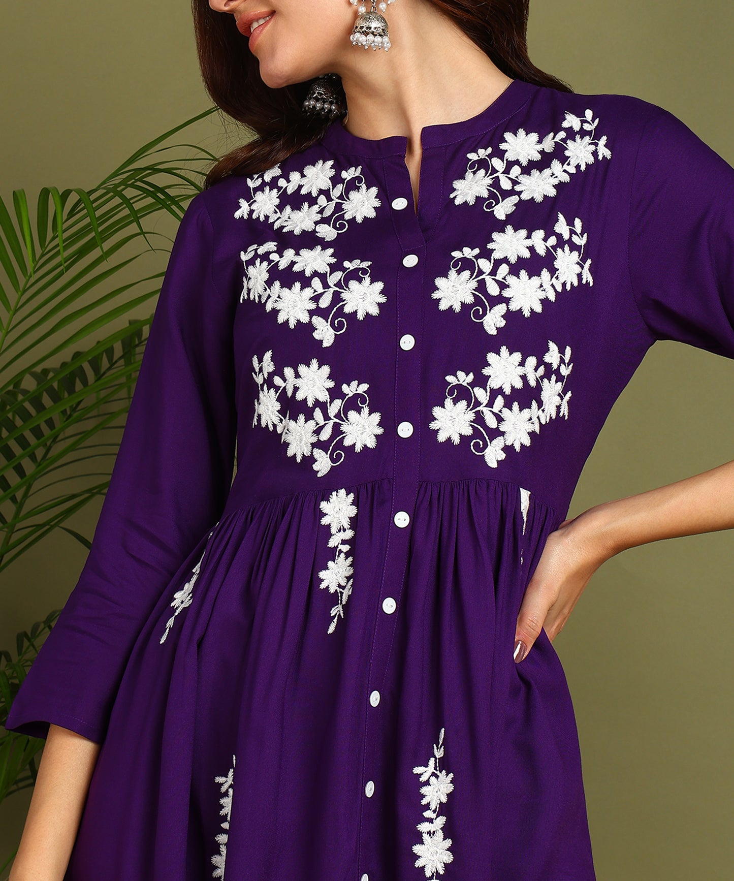 Floral Embroidery Rayon Violet Kurta