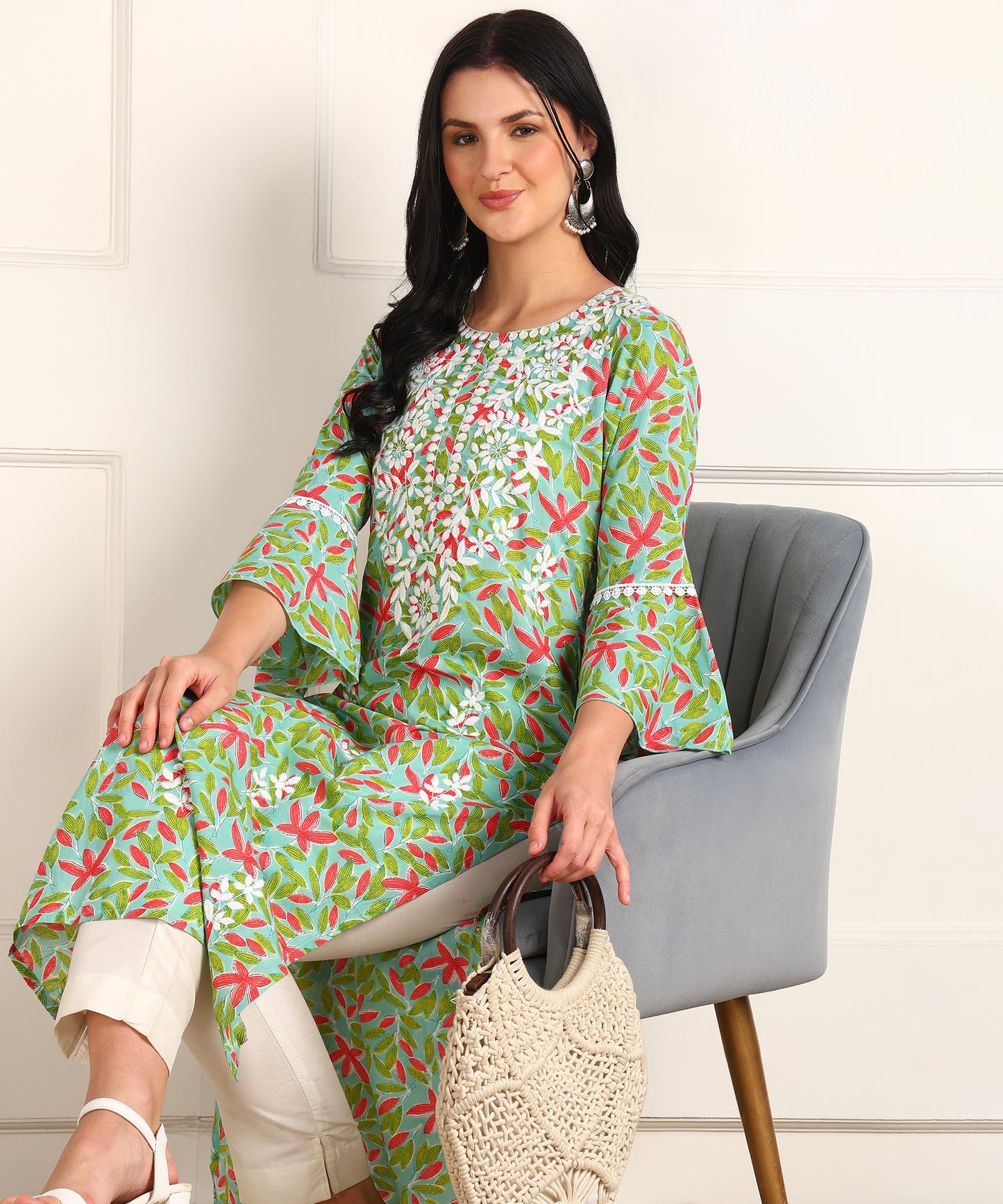 Floral Print Chikan Emboridered Rayon Green Kurta