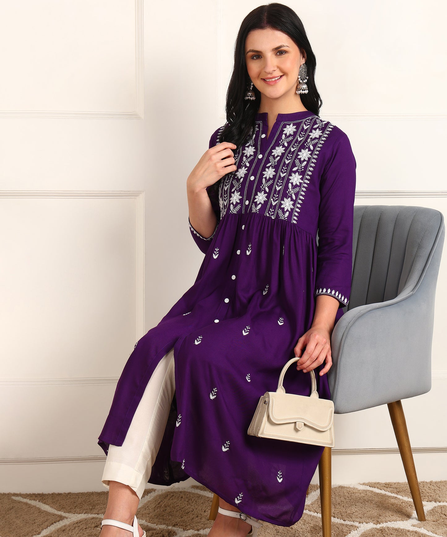 Floral Embroidery Rayon Violet Kurta