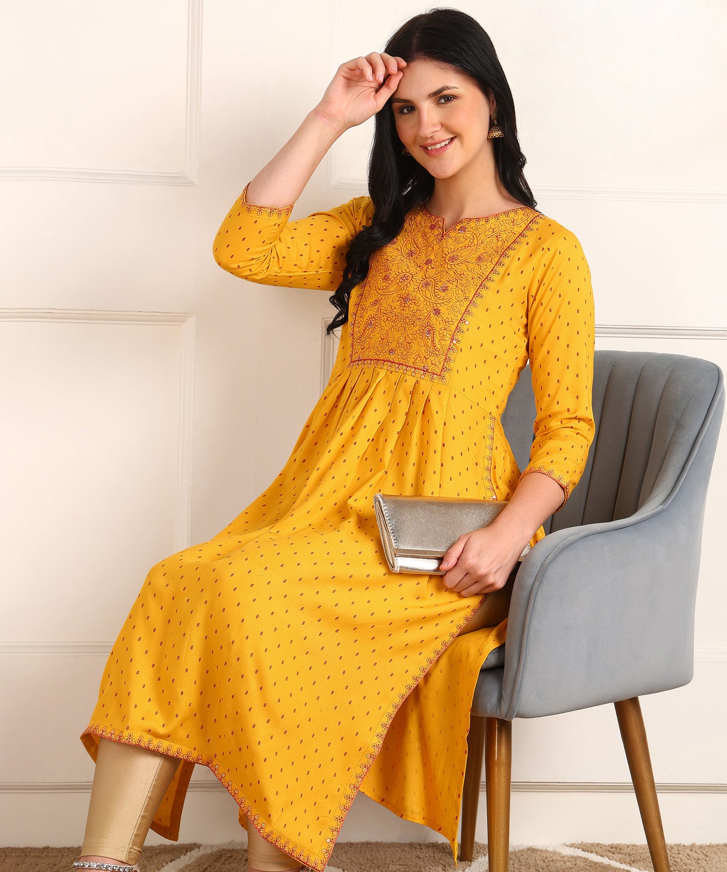 Dot Print Embroidered Rayon Mustard Kurta