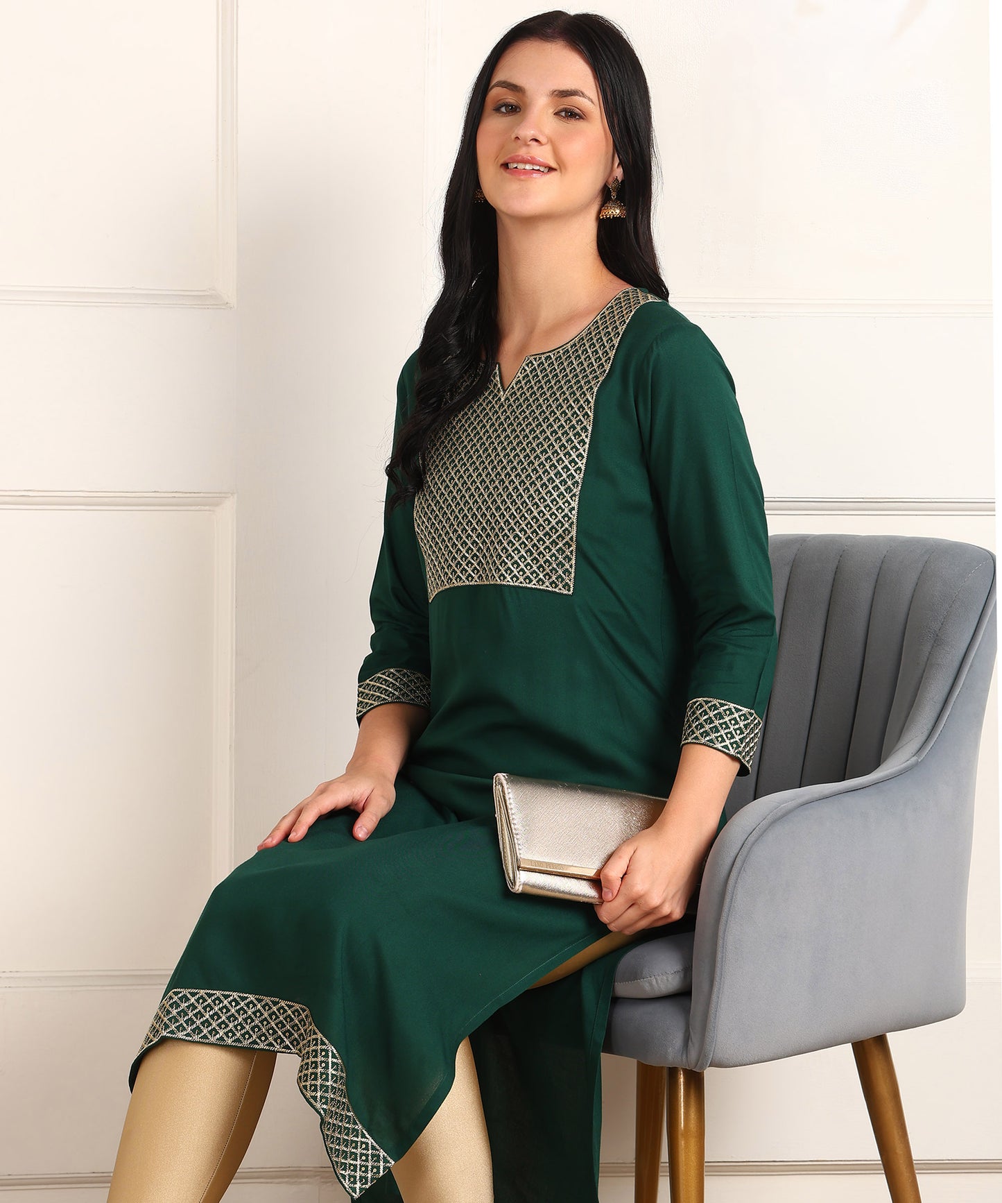 Zari Embroidered Rayon Dark Green Kurta