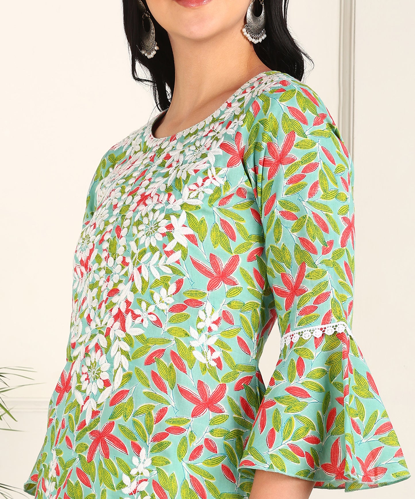 Floral Print Chikan Emboridered Rayon Green Kurta