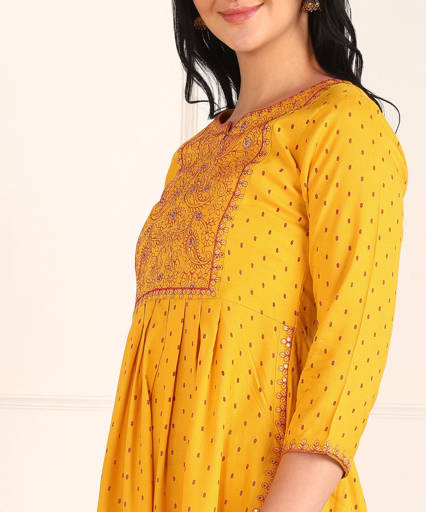 Dot Print Embroidered Rayon Mustard Kurta