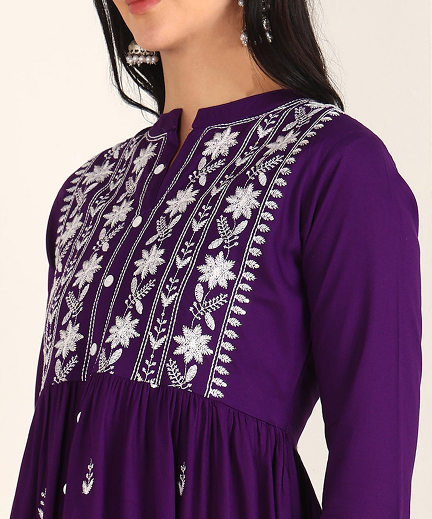 Floral Embroidery Rayon Violet Kurta