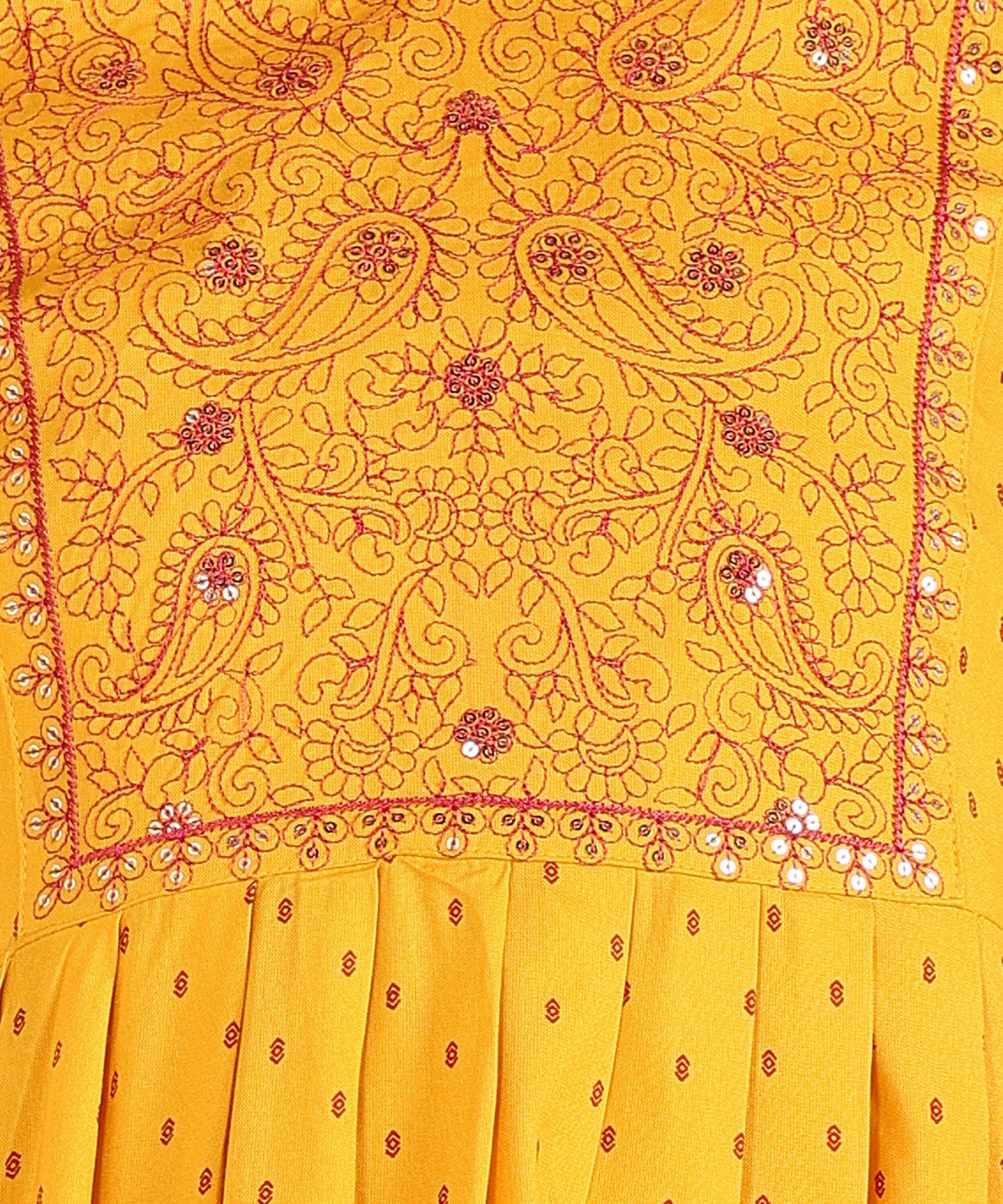 Dot Print Embroidered Rayon Mustard Kurta