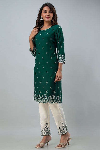 Dark Green Straight Embellished Kurta With Embroidered Pants