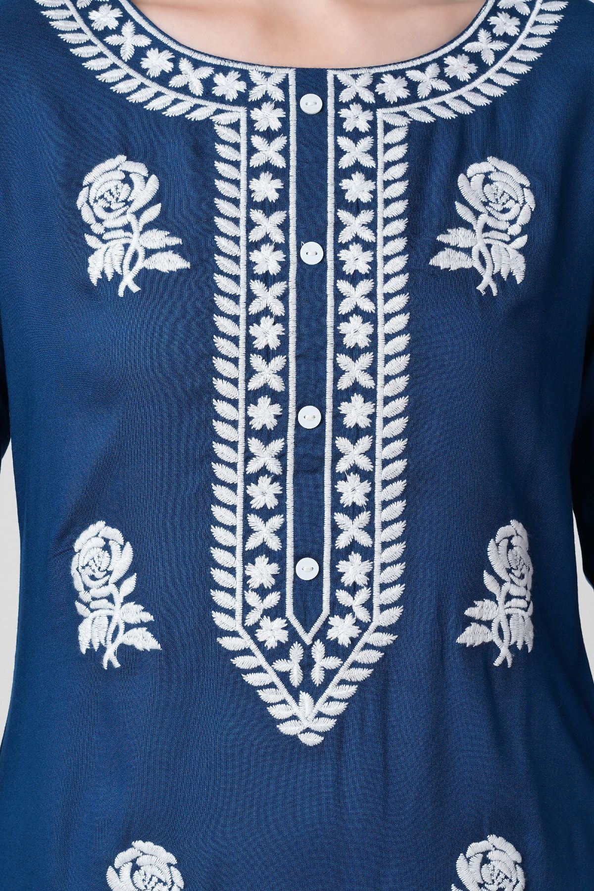 Petrol Blue Straight Kurta with Rose Embroidery