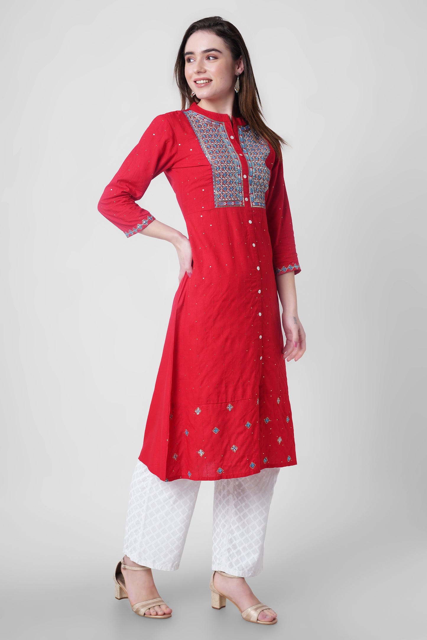 Red Women Embroidered Straight Kurta With Patch Work