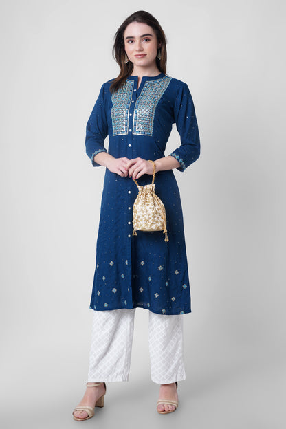 Petrol Blue Women Embroidered Straight Kurta With Patch Work
