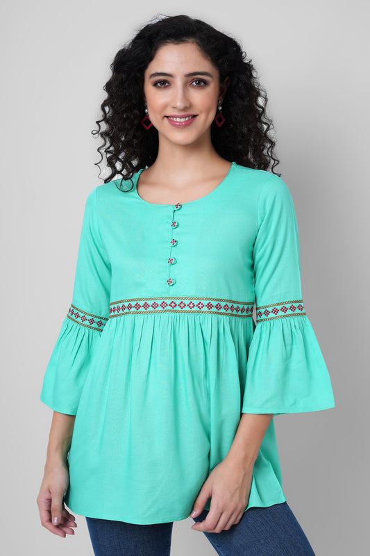 Turquoise Embellished Top With Bell Sleeves
