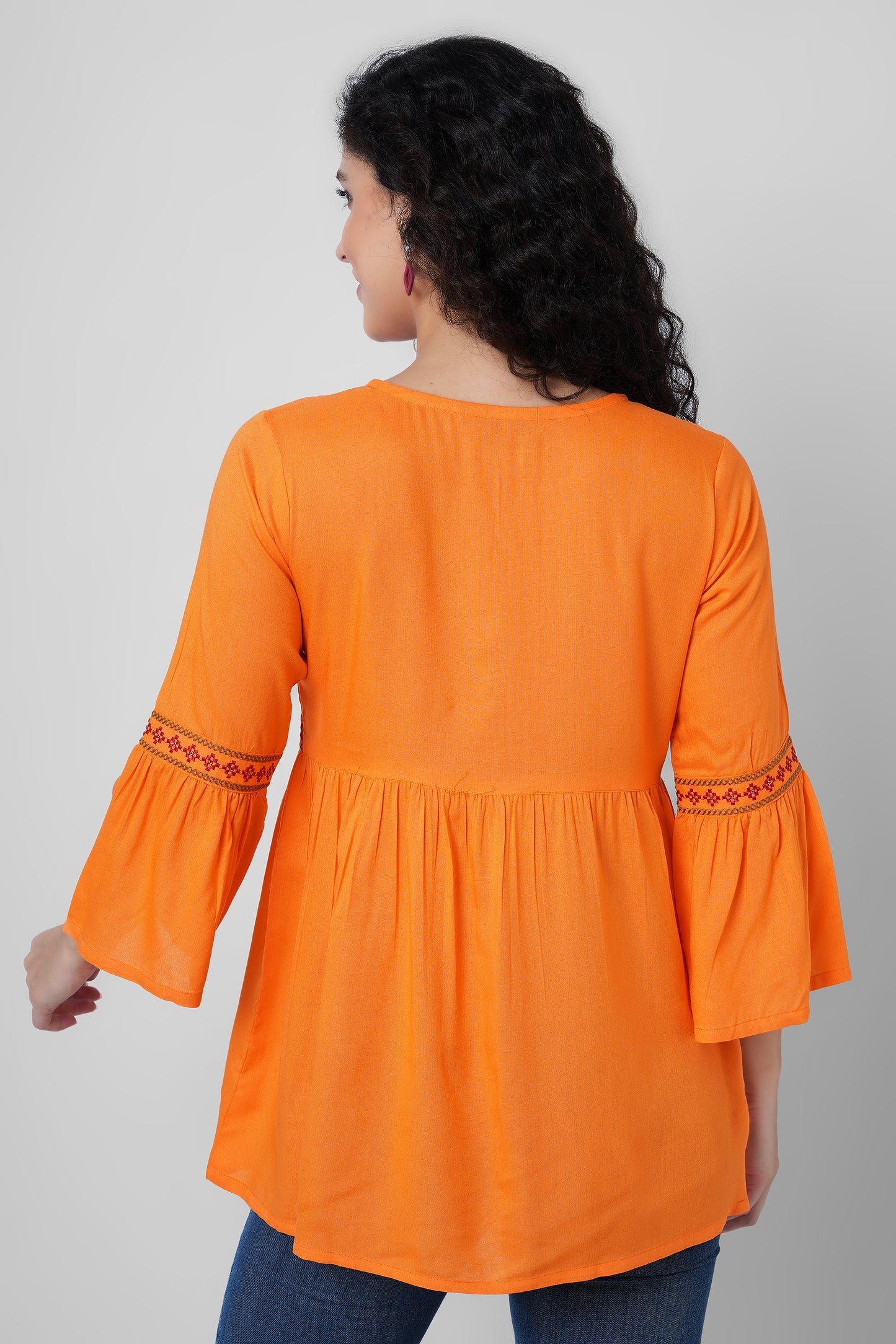 Orange Embellished Top With Bell Sleeves
