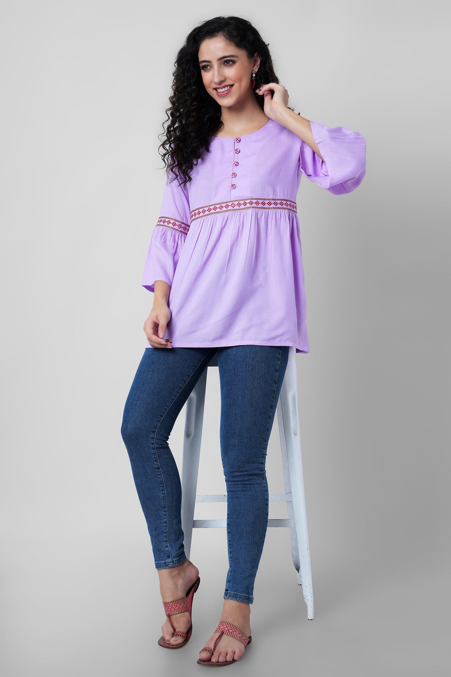 Light Purple Embellished Top With Bell Sleeves